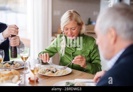 Gruppo di amici anziani a cena a casa, mangiare. Foto Stock