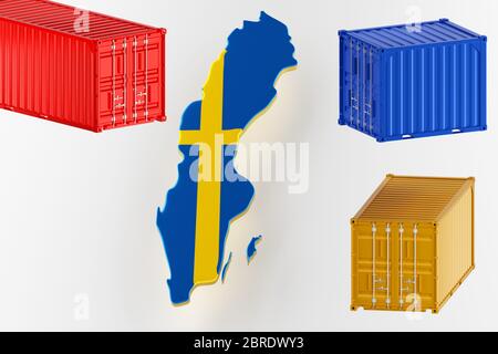 Mappa 3D della Svezia. Spedizione in container. Esportazione dal paese in contenitori. rendering 3d Foto Stock