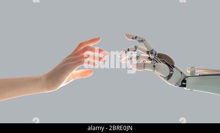 le mani di un robot e di un uomo tendono a vicenda Foto Stock