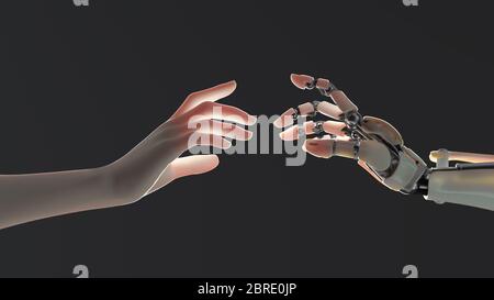 le mani di un robot e di un uomo tendono a vicenda Foto Stock