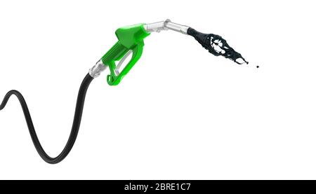 pompa della benzina verde da cui fuoriesce l'olio isolata su sfondo bianco. nessuno intorno. rendering 3d. Foto Stock