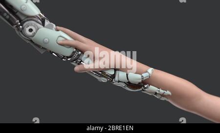 tenere le mani di un robot e di un essere umano Foto Stock