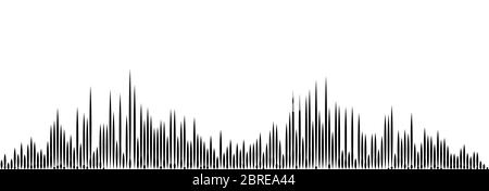 Riproduzione audio, barra di valutazione, panorama grattacieli, sintonizzare le onde sonore illustrazione vettoriale. Registrazione della colonna sonora, icona vibrazioni musicali. Bianco e nero Illustrazione Vettoriale