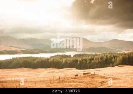 Punto panoramico dell'Isola di Skye che guarda in lontananza, dove una foresta, un lago, prateria e colline vita. Foto Stock