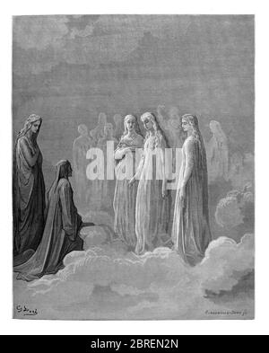 Il Paradiso è la terza e ultima parte della Divina Commedia di Dante, dopo l'Inferno e il Purgatorio. È un'allegoria che racconta il viaggio di Dante attraverso il Cielo, guidato da Beatrice, che simboleggia la teologia. Nel poema, il Paradiso è raffigurato come una serie di sfere concentriche che circondano la Terra, costituite dalla Luna, Mercurio, Venere, il Sole, Marte, Giove, Saturno, le Stelle fisse, il Primum Mobile e infine, l'Empireo. Fu scritto agli inizi del XIV secolo. Allegoricamente, il poema rappresenta l'ascesa dell'anima a Dio. Dalla Divina Commedia del XIV sec. Foto Stock