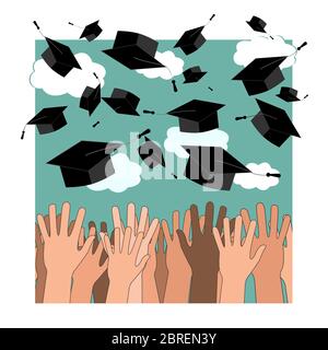 Cerimonia di laurea dell'università illustrazione piatta. Istruzione superiore, laurea, master. Studenti multiculturali che gettano tavole di Malta isolate Illustrazione Vettoriale