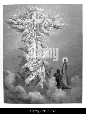 Il Paradiso è la terza e ultima parte della Divina Commedia di Dante, dopo l'Inferno e il Purgatorio. È un'allegoria che racconta il viaggio di Dante attraverso il Cielo, guidato da Beatrice, che simboleggia la teologia. Nel poema, il Paradiso è raffigurato come una serie di sfere concentriche che circondano la Terra, costituite dalla Luna, Mercurio, Venere, il Sole, Marte, Giove, Saturno, le Stelle fisse, il Primum Mobile e infine, l'Empireo. Fu scritto agli inizi del XIV secolo. Allegoricamente, il poema rappresenta l'ascesa dell'anima a Dio. Dalla Divina Commedia del XIV sec. Foto Stock