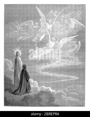 Il Paradiso è la terza e ultima parte della Divina Commedia di Dante, dopo l'Inferno e il Purgatorio. È un'allegoria che racconta il viaggio di Dante attraverso il Cielo, guidato da Beatrice, che simboleggia la teologia. Nel poema, il Paradiso è raffigurato come una serie di sfere concentriche che circondano la Terra, costituite dalla Luna, Mercurio, Venere, il Sole, Marte, Giove, Saturno, le Stelle fisse, il Primum Mobile e infine, l'Empireo. Fu scritto agli inizi del XIV secolo. Allegoricamente, il poema rappresenta l'ascesa dell'anima a Dio. Dalla Divina Commedia del XIV sec. Foto Stock