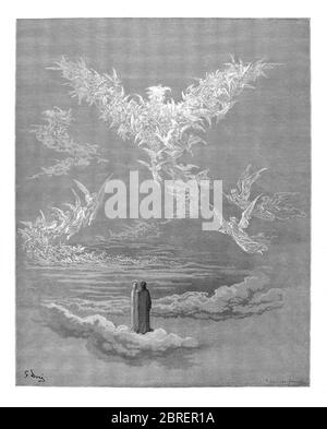 Il Paradiso è la terza e ultima parte della Divina Commedia di Dante, dopo l'Inferno e il Purgatorio. È un'allegoria che racconta il viaggio di Dante attraverso il Cielo, guidato da Beatrice, che simboleggia la teologia. Nel poema, il Paradiso è raffigurato come una serie di sfere concentriche che circondano la Terra, costituite dalla Luna, Mercurio, Venere, il Sole, Marte, Giove, Saturno, le Stelle fisse, il Primum Mobile e infine, l'Empireo. Fu scritto agli inizi del XIV secolo. Allegoricamente, il poema rappresenta l'ascesa dell'anima a Dio. Dalla Divina Commedia del XIV sec. Foto Stock