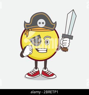 Un'illustrazione del carattere giallo della mascotte del cartone animato di Emoticon della sfera in stile pirata e che indossa il cappello e la spada Illustrazione Vettoriale