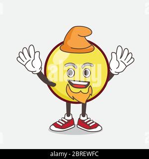 Un'illustrazione del carattere giallo della mascotte del cartone animato di Emoticon della sfera vestita come elfo con le mani che ondolano Illustrazione Vettoriale