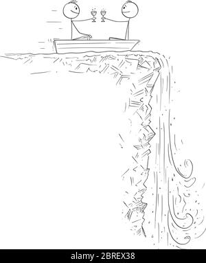 Figura del cartoon vettoriale disegno illustrazione concettuale di due uomini o uomini d'affari su barca a remi o barca a remi che celebra e si avvicina alla cascata. Concetto di crisi finanziaria e depressione. Illustrazione Vettoriale