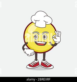 Un'illustrazione del carattere mascotte cartoon Yellow Ball Emoticon in un abito chef e cappello bianco Illustrazione Vettoriale