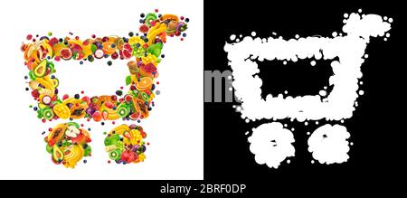 Carrello della spesa composto da frutta fresca in caduta e bacche isolate su sfondo bianco con canale alfa Foto Stock