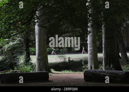 Endcliffe Park, Sheffield, durante la fase di 'Stay Alert' del Coronvirus Pandemic nel Regno Unito. Questa fase è stata il 11 maggio 2020, quando le persone che permettono di esercitare all'interno di spazi aperti quante volte e per tutto il tempo che vogliono. Potrebbero anche fare un picnic nel parco e incontrare un'altra persona al di fuori del loro gruppo di famiglia. La guida di distanza sociale di 2 metri esiste ancora. Foto Stock
