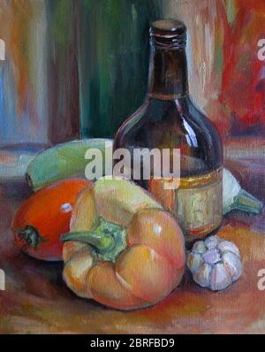 Ancora vita con una bottiglia, olio pittura Foto Stock