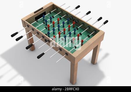 Una vista completa di un tavolo da calcio in legno con squadre in rosso e blu su uno sfondo bianco isolato dello studio - rendering 3D Foto Stock