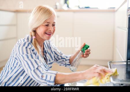 Ritratto di donna anziana che pulisce il forno in cucina all'interno a casa. Foto Stock