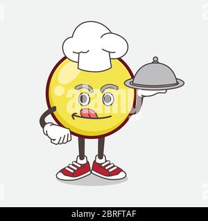Un'illustrazione del carattere giallo della mascotte del cartone animato Emoticon come uno Chef con il cibo sul vassoio pronto per servire Illustrazione Vettoriale
