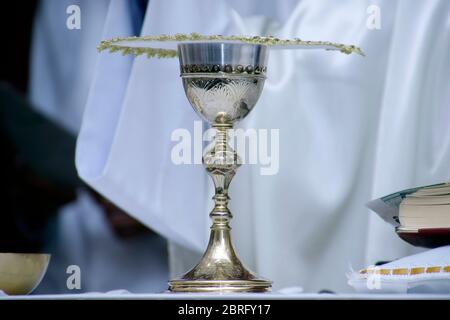 Santo Wafer. La santa comunione nella Chiesa. Tenendo la santa Comunione. Sacerdote celebrare la santa messa presso la chiesa. Bicchiere di vetro con il vino rosso, il pane. Festa del Corpus C Foto Stock