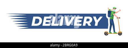 Concetto di logo di consegna. Uomo in maschera medica che cavalcano su scooter e consegnare i prodotti vettore piatto cartoon illustrazione. Coronavirus consegna senza contatto in quarantena, progetto logotipo di consegna espressa. Illustrazione Vettoriale