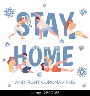 Rimani a casa e combatti il poster vettore coronavirus modello. I giovani che trascorrono insieme il tempo praticando yoga, esercizi sportivi illustrazione piatta cartoon. Stile di vita sano durante l'epidemia di covid-19. Illustrazione Vettoriale