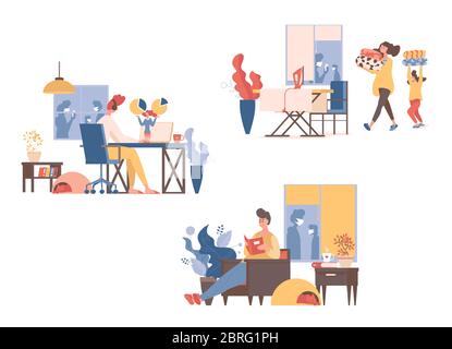Rimani a casa e al sicuro durante l'epidemia di coronavirus. La gente lavora a distanza, legge i libri, facendo le faccende domestiche, stirare i vestiti insieme nel soggiorno durante la quarantena vettore piatto illustrazione del cartone animato. Illustrazione Vettoriale