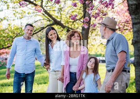 Famiglia di tre generazioni su una passeggiata fuori nella natura primaverile. Foto Stock