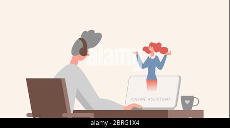 Illustrazione piatta dell'assistente online. Giovane seduto al tavolo davanti al computer con un auricolare sulla testa. Supporto, freelance, ufficio virtuale o carattere cartoon outsourcing. Illustrazione Vettoriale