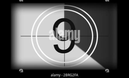 Rendering 3D di una linea di associazione di film monocromatica universale per il conto alla rovescia. Conto alla rovescia da 10 a 0. Elemento di design del vecchio cinema Foto Stock