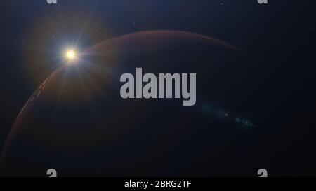Rendering 3D dell'orbita marziana. Marte nello spazio con crateri illuminati e montagne marziane. Elementi di questa immagine forniti dalla NASA Foto Stock