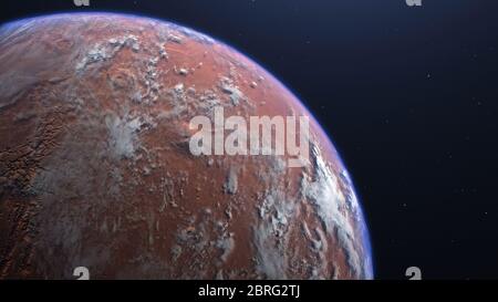 Rendering 3D del processo di terraforming Marte. L'aspetto graduale dell'atmosfera e delle nuvole a seguito della colonizzazione dell'umanità del rosso p Foto Stock