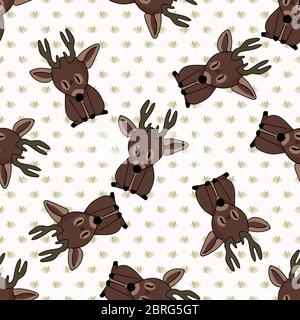 Kawaii cartoon seduta cervo modello senza cuciture. Cute doe animale piatto colore sfondo. Stile di doodle disegnato a mano per bambini. Per arredamento baby vivaio, boho Illustrazione Vettoriale