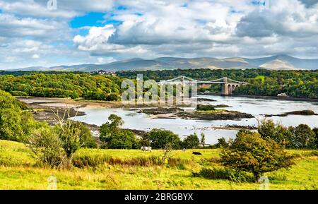 Vista del Ponte sospeso Menai attraverso lo stretto di Menai in Gran Bretagna Foto Stock