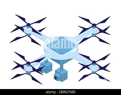 Drone blu isometrico con Action camera isolata su bianco . Telecontrollo digitale per l'intrattenimento aereo. Immagine vettoriale di un veicolo con antenna senza equipaggio Illustrazione Vettoriale