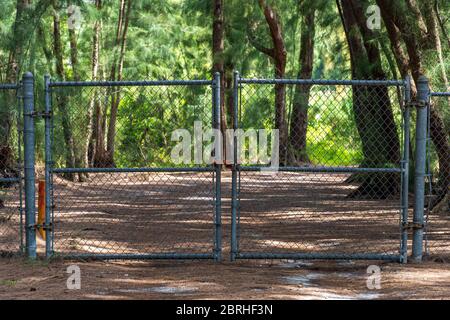 Cancello chiuso e chiuso, recinzione a catena, che blocca l'accesso al sentiero natura del parco, durante l'epidemia COVID-19 - DAVIE, Florida, USA Foto Stock