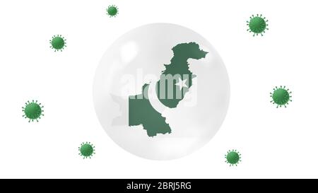 Pakistan mappa all'interno della sfera di cristallo proteggere da virus corona, rimanere a casa, lavoro per casa, superare focolaio di virus, concetto di protezione virus, su bianco b Foto Stock