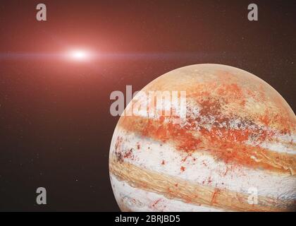 Giove rosso come pianeta di fiction nello spazio esterno con lente di sole che sale. Illustrazione con rendering 3D. Elementi dell'immagine sono stati forniti dalla NASA Foto Stock