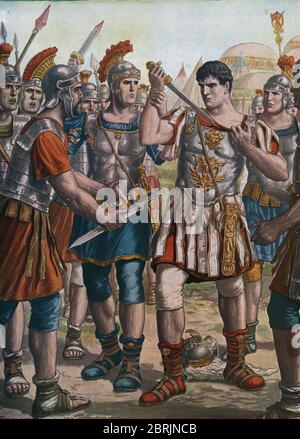Antioquite romaine : 'le General romain Germanicus jurant fidelite au moment de la mort de son pere adoptif l'empereur Auguste face aux legions en plei Foto Stock