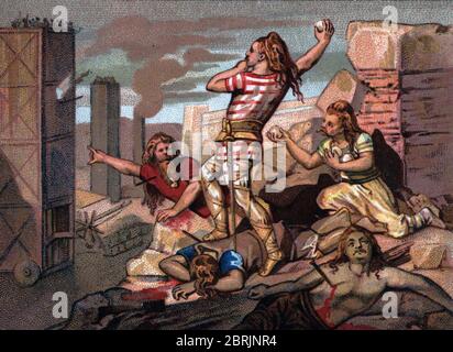 Guerre des Gaules : le assege d'Avaricum (Bourges) par les legions romaines, soldats gaulois lancant des boulets de suif et de poix sur les tours romai Foto Stock
