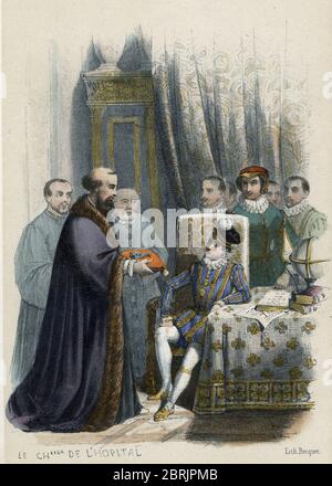 Representation de Michel de l'Hospital (1506-1573), chancelier face au jeune roi Charles IX de France (1550-1574) vers 1563 (stateman francese Michel Foto Stock