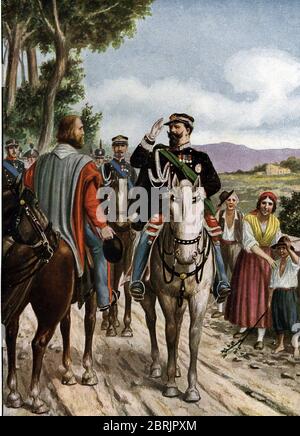 Risorgimento : Rencontre a Teano de Vittorio Emanuele II (Vittorio Emanuele II) (1820-1878) e Giuseppe Garibaldi (1807-1882) le 26 oc Foto Stock