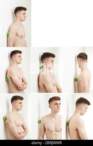 Set di 7 esercizi utilizzando la mini palla fitness per un massaggio di rilascio miofasciale dei punti di innesco. Foto Stock