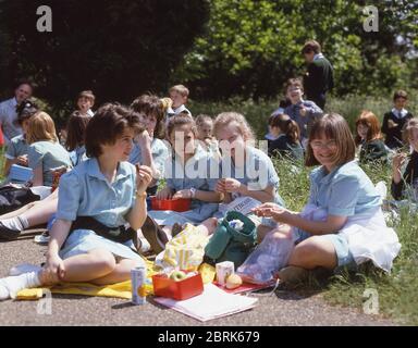 Bambini che hanno pranzo sul campo viaggio, Surrey, Inghilterra, Regno Unito Foto Stock