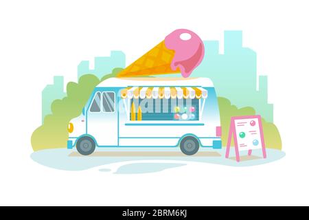 Camion gelato blu in stile retrò sul paesaggio urbano. Possicle disegno di banner di caffè con ruote. Illustrazione di cartone animato di un'auto ghiacciata. Carrello dolce isolato in orizzontale vettore piano. Banner del servizio di consegna di cibo in icecream Illustrazione Vettoriale