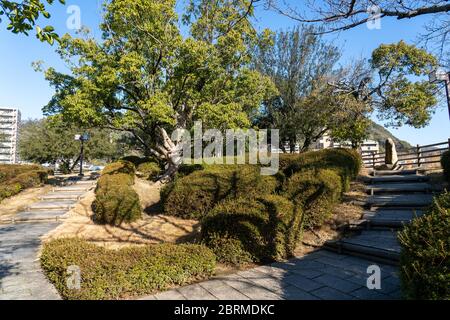 Rovine del Castello di Mihara, conosciuto anche come Castello di Ukishiro, situato nella città di Mihara, Prefettura di Hiroshima. Prefettura di Hiroshima, Giappone Foto Stock