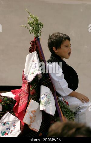 Festa tradizionale a Gura Raului, SB, Romania: Sarbatosarea Portului popolare. Ragazzo in costume tradizionale guardando le performance. Foto Stock