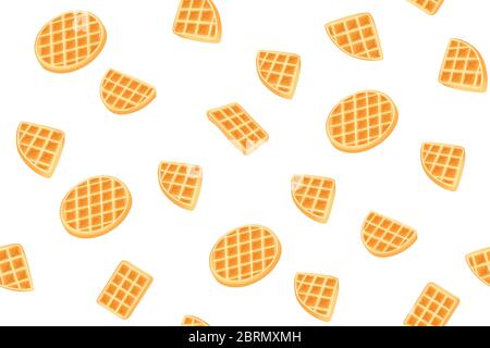 Cialde gialle belghe motivo senza cuciture per la stampa. Illustrazione del vettore dolce del cartone animato. Fette di waffle dorate su sfondo bianco. Coperchio decorativo moderno per biscotti. Snack forme geometriche. Illustrazione Vettoriale