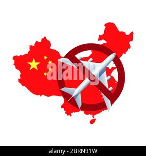 Wuhan divieto di viaggio a causa di Coronavirus COV diffuso in tutto il mondo. Mappa della Cina e divieto di viaggiare in altri paesi. Illustrazione Vettoriale
