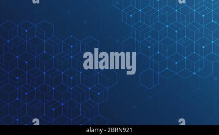 Linee esagonali astratte e punti collegano lo sfondo. Tecnologia di connessione dati digitali e concetto di big data. Illustrazione Vettoriale